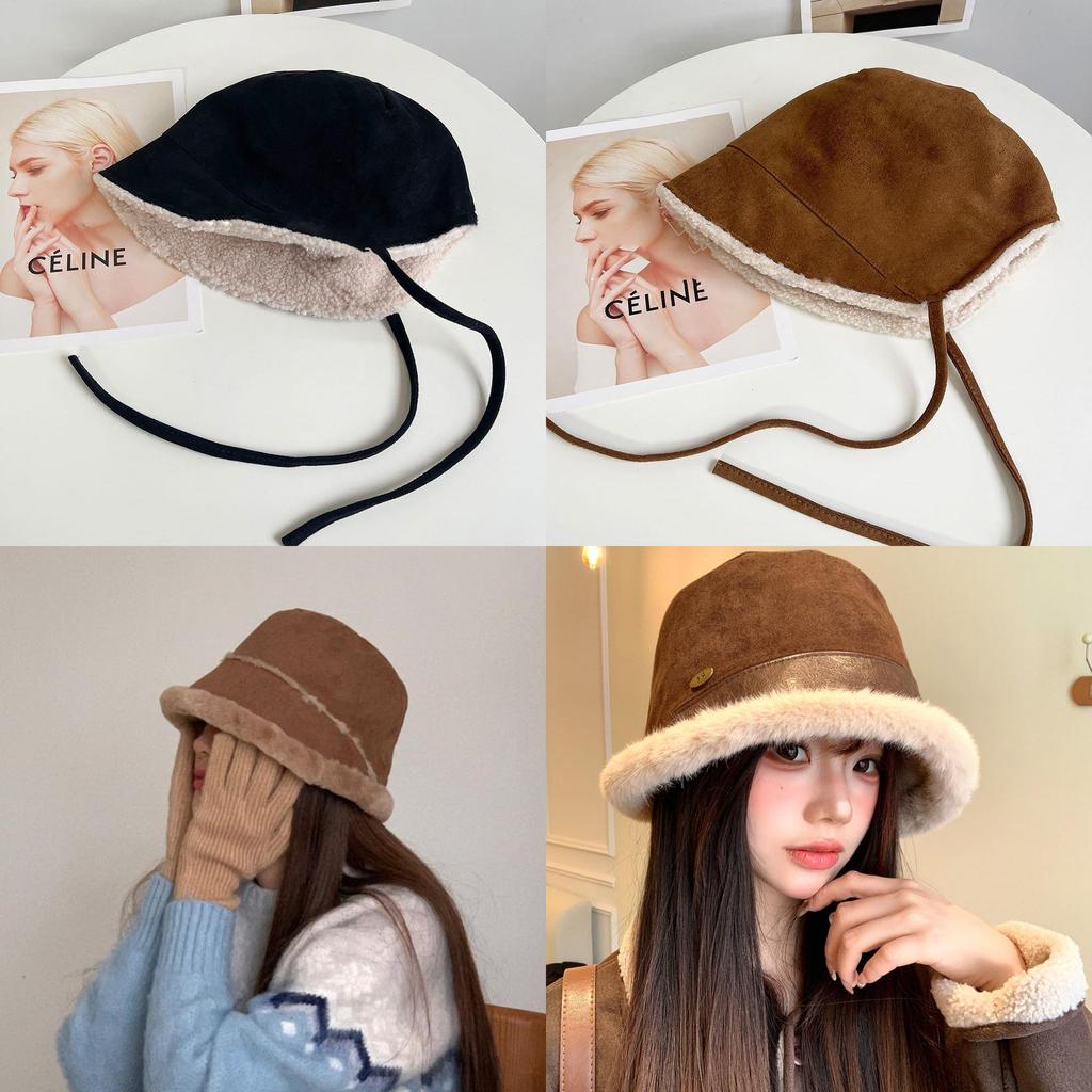 Winter Faux Suede Bucket Hat With Ear Flap For Women Warm Fashion Accessory