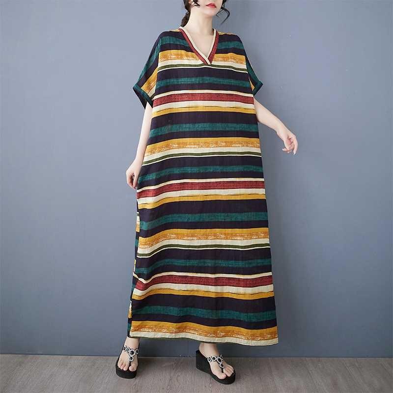 Real Summer New Cotton and Linen Printing V-neck Loose Large Size Simple Holiday Style Long Skirt Women's Beach Skirt Thin