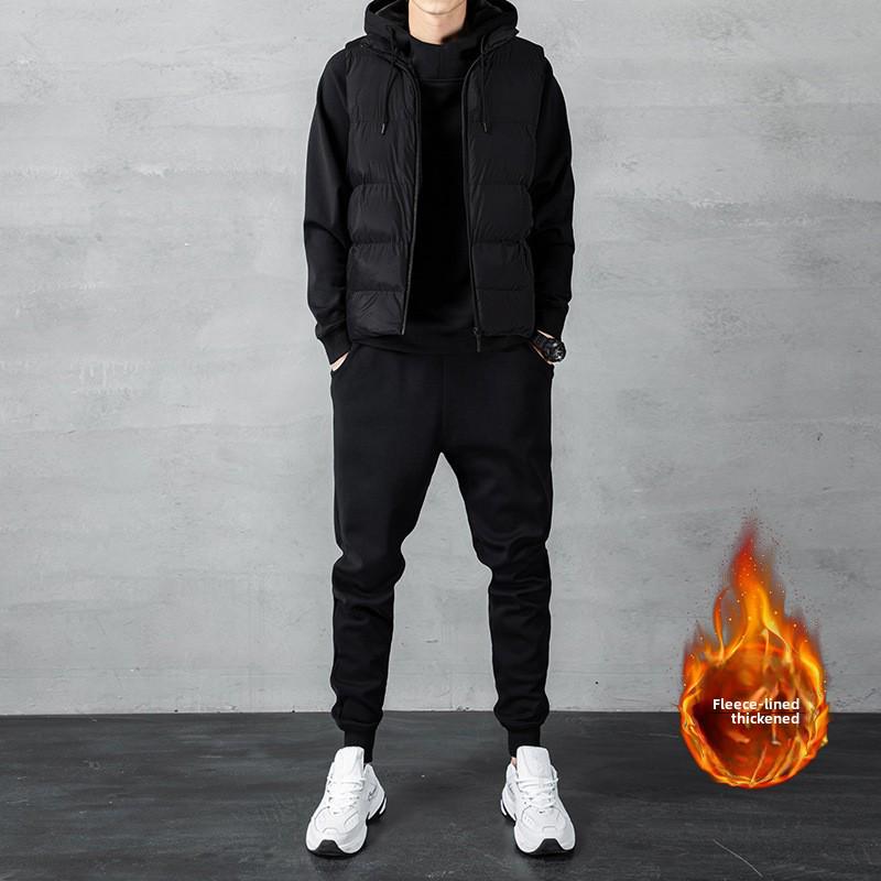 

Мужской осенне-зимний корейский свитер с капюшоном: Большой размер плюс бархатный толстый кардиган жилет комплект из 3 предметов M