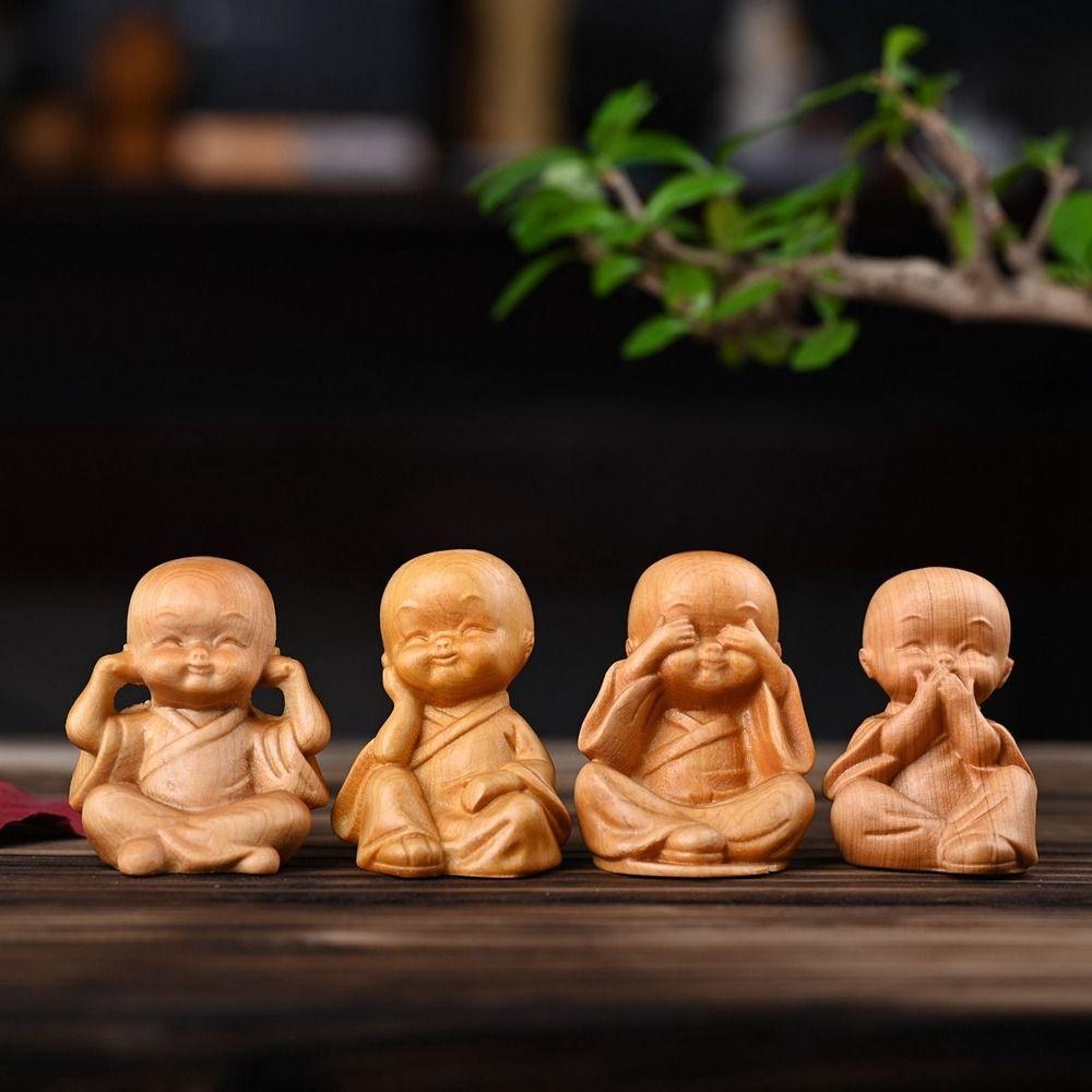 Decorative Monks Statue Hand-held Wood Carved Ornaments Antique Little Monks Sculptures  Desktop