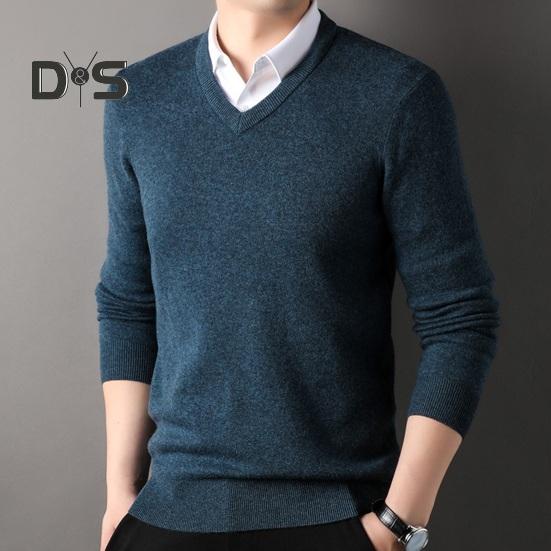 Herbst Winter Herren Pullover V-Ausschnitt Gestrickt Einfarbig Elastisch Dehnbar Pullover Mittellang Formeller Business Style Pullover