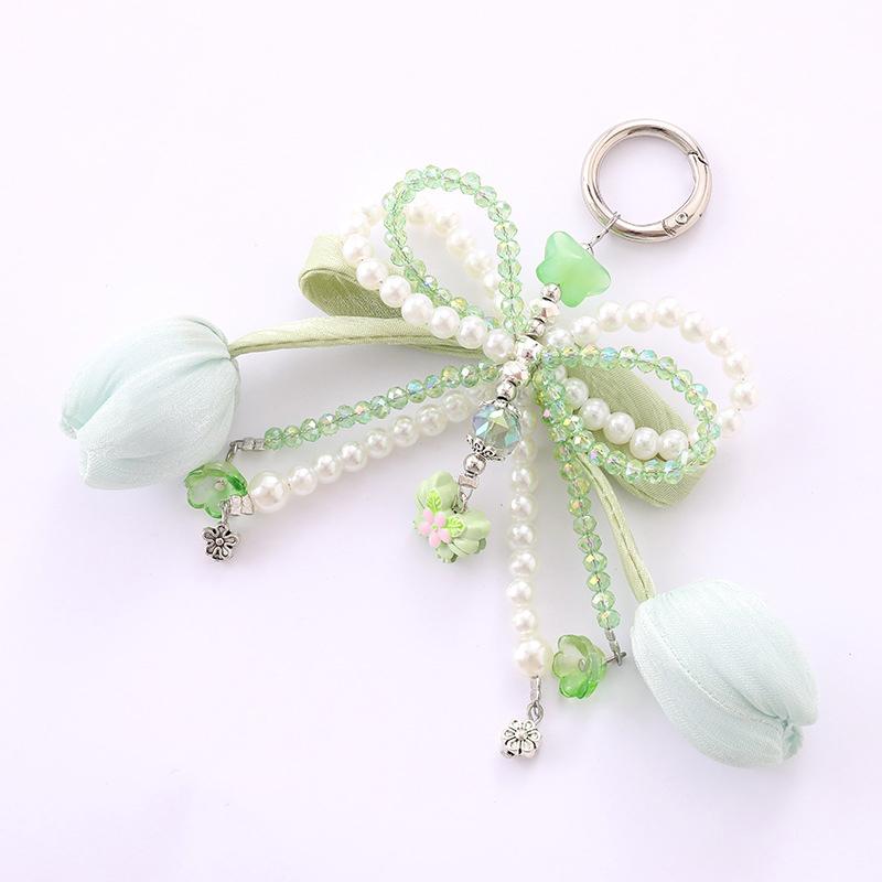 Ins Style Tulip Flower Keychain Sweet Bow Beaded Keyring Bag Pendant Earphone Case Hanging Decoration For Girls Gift
