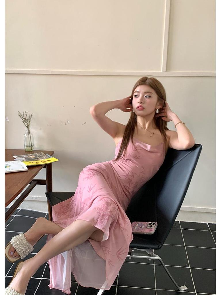2026 Spring/Summer Pink Bamboo Rhyme Spaghetti Strap Long Dress for Women