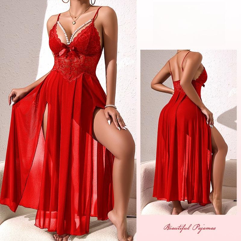 Sexy Spitze Tiefer V-Ausschnitt Cami Nachthemd Hoher Schlitz Lang Durchsichtig Mehrfarbig Damen Loungewear Schlafanzug 898 Wagemutig Feminin Nachtwäsche Ideal für Romantische Dates