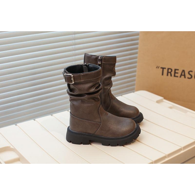 Girls Thick Heel Mid Calf Boots Fleece Lined Retro Stacked Boots
