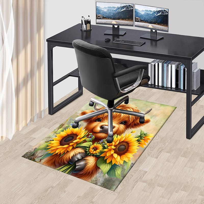 Highland Bull Theme Sunflower Chair Mat Office Carpet, Large Rug for Home Decor, Desk Pad Gift, Suitable for Bedroom, Living Room, Various Rooms