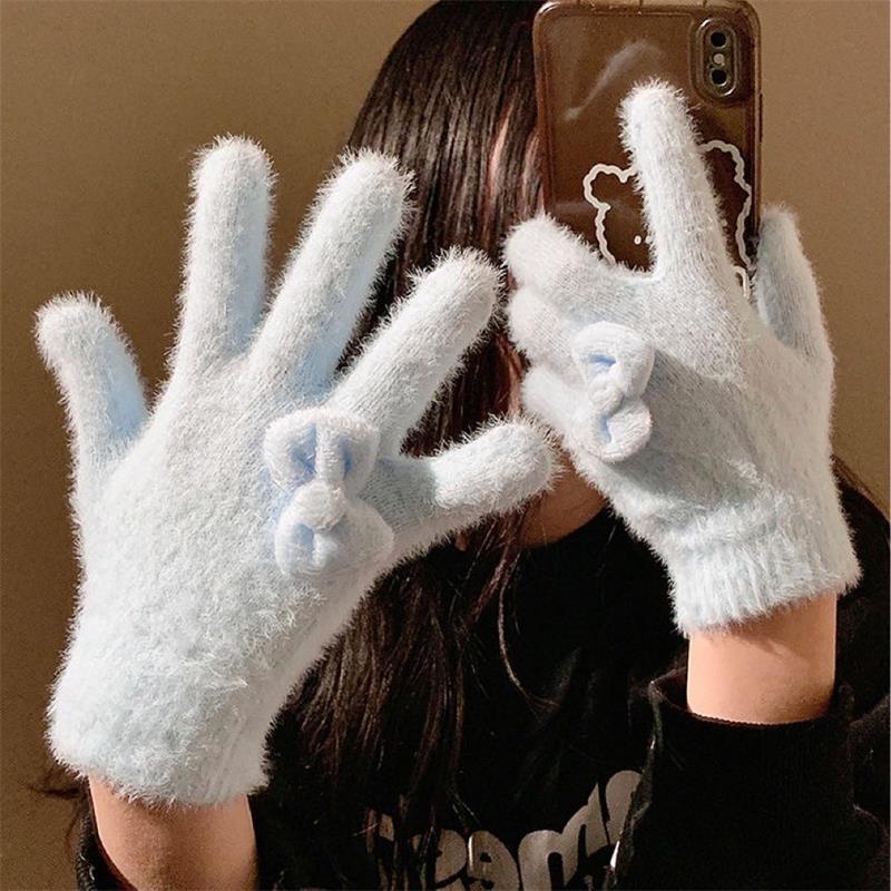 Cute Sweet Bow Plush Gloves Cold-Proof Gloves Student Winter Warm Five-Finger Gloves Women Fashion Accessories Christmas Gifts