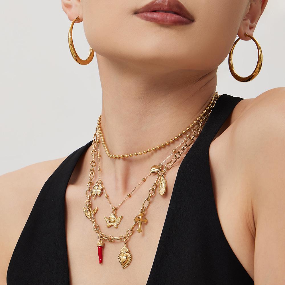 European Luxury Heart Multi-Pendant Double Layer 18K Gold-Plated Stainless Steel Necklace