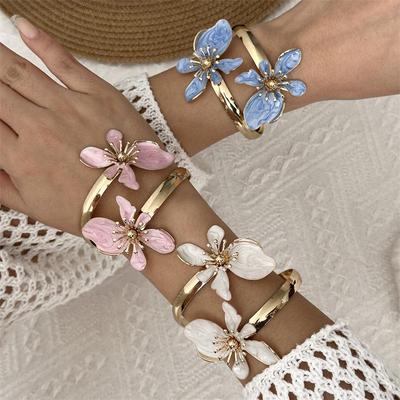 Romantic Vintage Enamel Flower Open Bangle, 3D Floral Boho Arm Cuff, Elegant Holiday Style Women Bracelet Gift