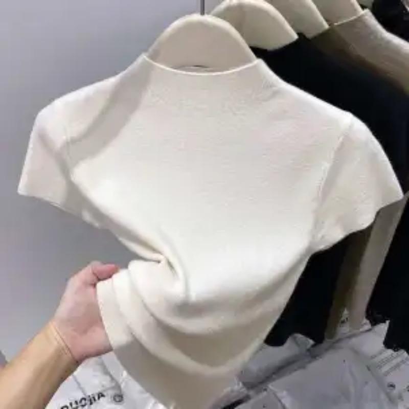 Summer Women's Black Half Turtleneck Short Sleeve Slim Fit Casual Top