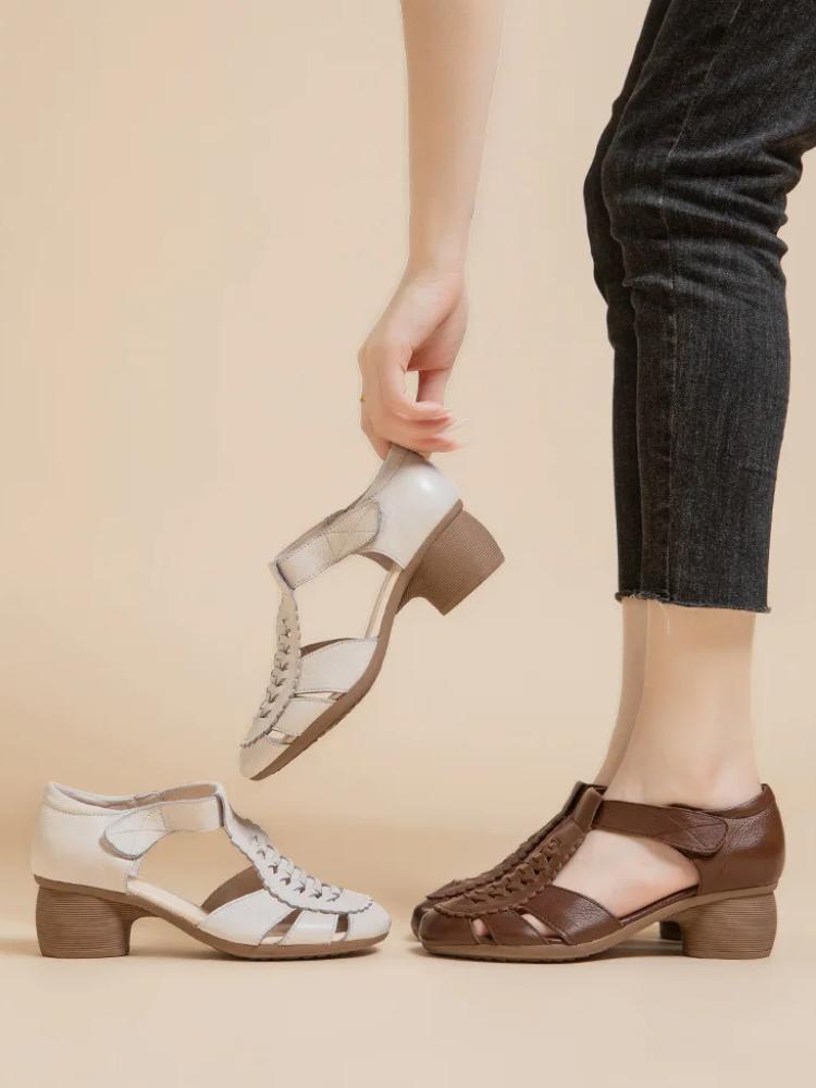 Johnature Echtes Leder Sommer Damen Schuhe Bequem Rindsleder Hohle Weiche Sohle Dicke Hohe Absätze Sandalen