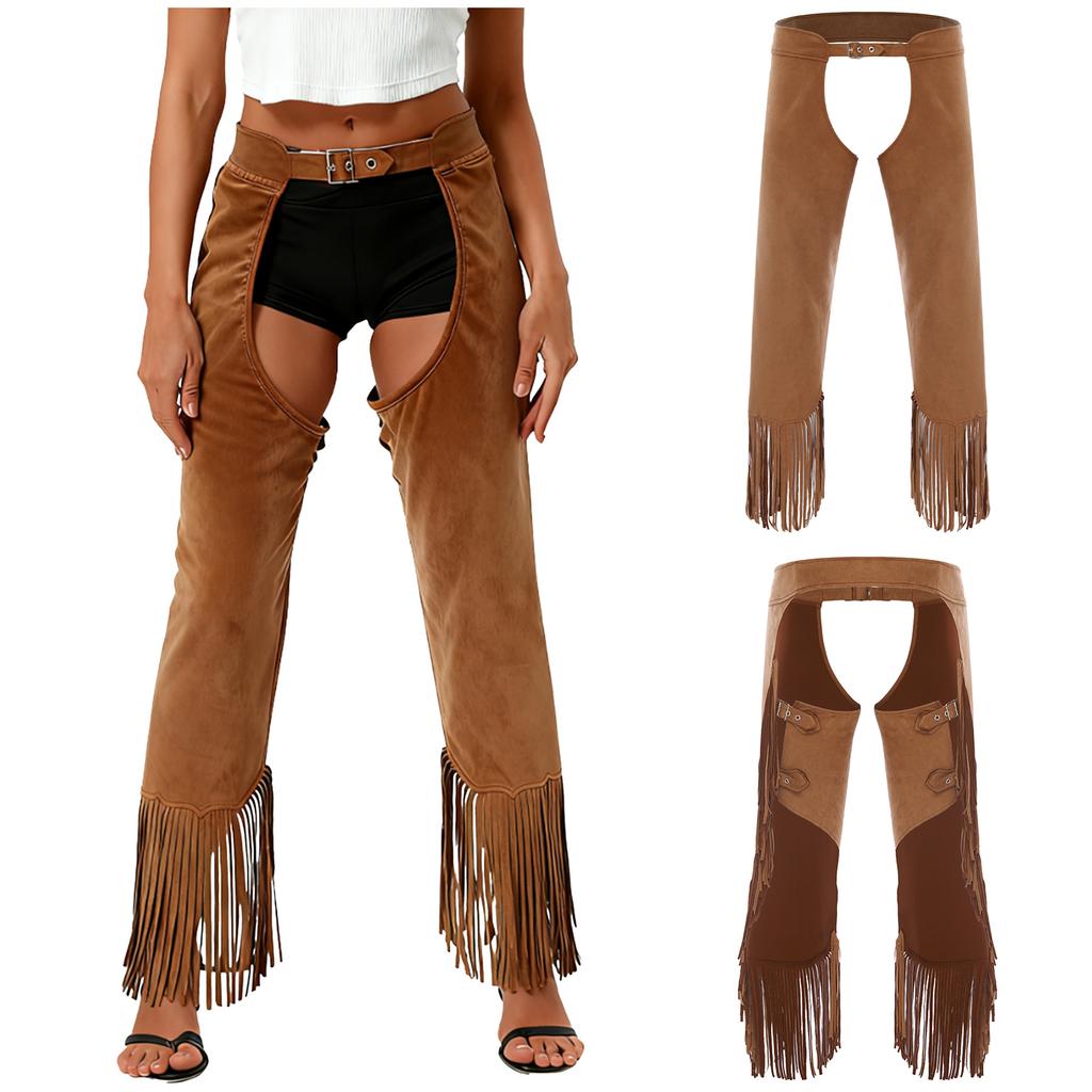 Women‘s Open Crotch Cowgirl Chaps S-3XL: Suede Fringe Pants with Buckle Closure, Perfect for Halloween & Rodeo Theme Party