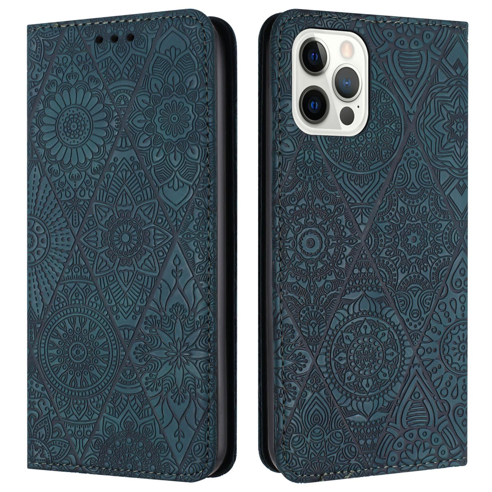 

For iPhone 16 Pro Case Imprinted Flower Wallet Stand Leather Phone Cover Blue