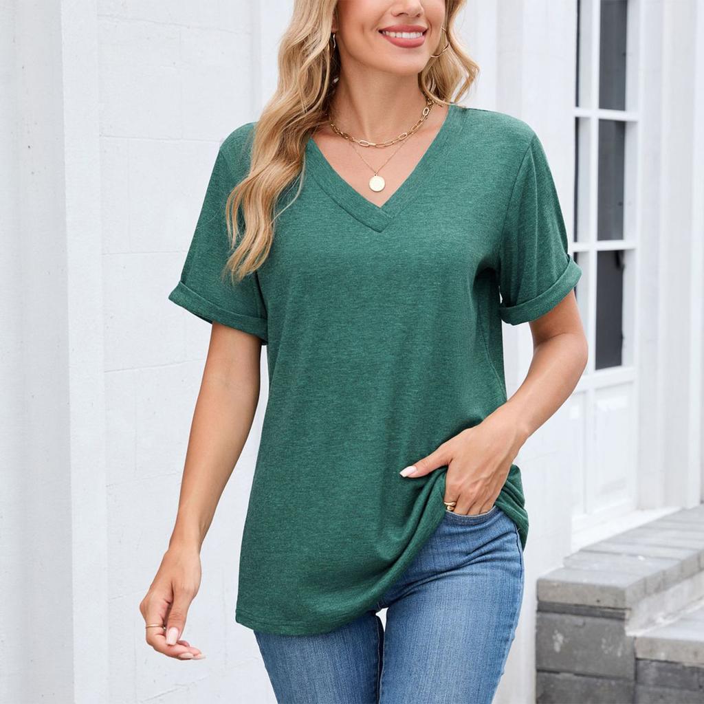 Women's Fashion Color V-neck Short Sleeved Loose Fitting Pullover T-shirt Top