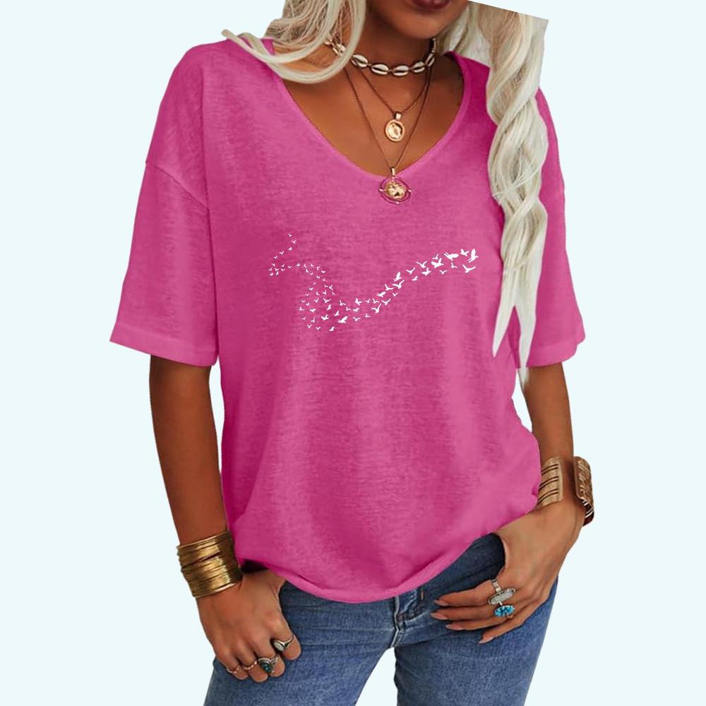 

Женская модная свободная футболка с V-образным вырезом, летняя футболка с принтом и коротким рукавом XXL розовый