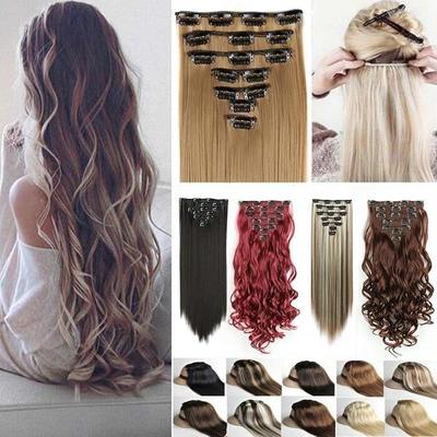 Extensions capillaires synthétiques ondulées à clips, 24 pouces de long, en Fiber haute température, pour femmes