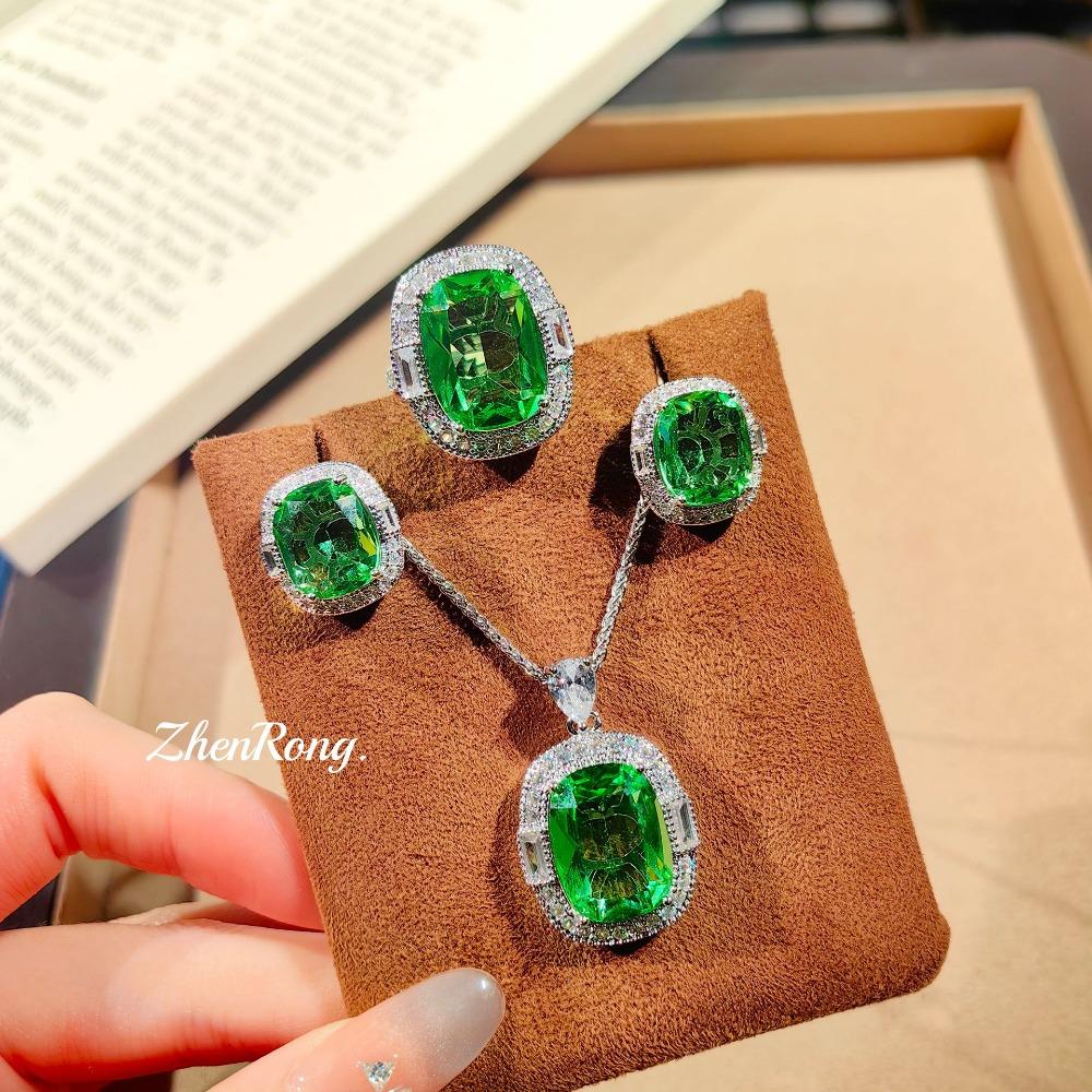 Women Jewelry Set Green Square Pendant Necklace Emerald Stud Earrings Green Diamond Ring Gift for Her
