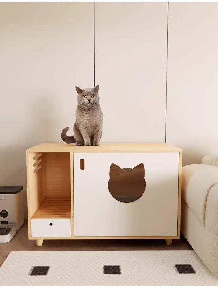 Solid Wood Semi-Closed Cat Litter Cabinet with Anti-Tracking and Anti-Dog Features