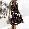Plus Size V Neck Sleeveless Dress Ink Mountain Stream Print For Water Town Sightseeing