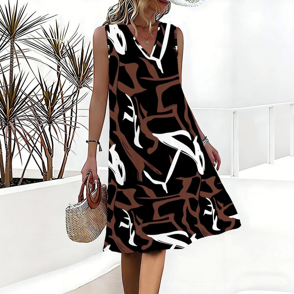 Plus Size V Neck Sleeveless Dress Ink Mountain Stream Print For Water Town Sightseeing