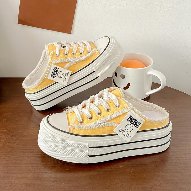 Baotou slippers women's summer outer wear 2025 new canvas shoes without heel versatile students half drag thick soles ins tide