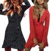 Elegant 128 Digital Print Irregular Ruffle Hem Polka Dot Deep V Chiffon Dress For Stylish Adults