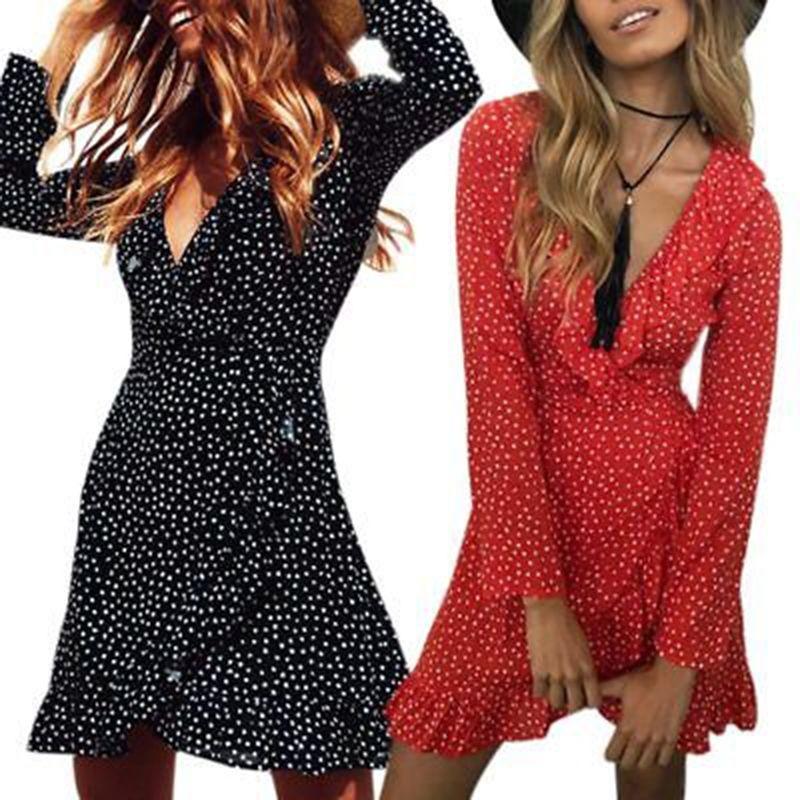 Elegant 128 Digital Print Irregular Ruffle Hem Polka Dot Deep V Chiffon Dress For Stylish Adults