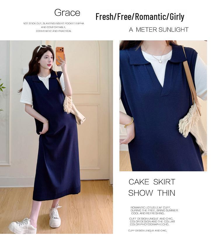 Stylish Maternity Chic Summer Mid-Length Thin Fake Two-Piece Dress for Trendy Moms