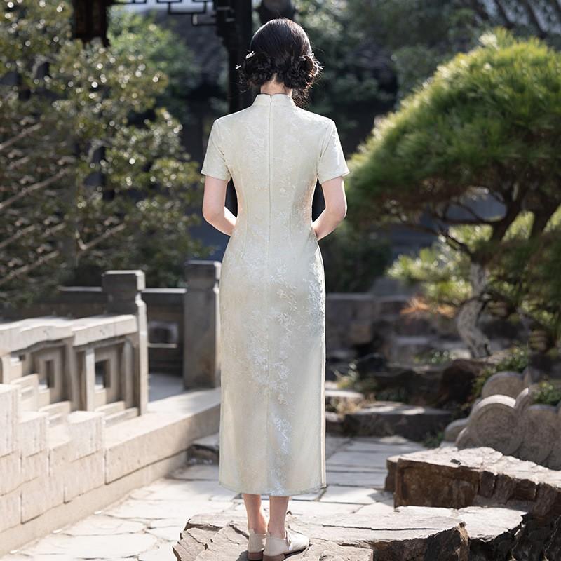 Womens Modern Chinese-Inspired Long Cheongsam Dress With Double Placket Stand Collar Short Sleeve 2026