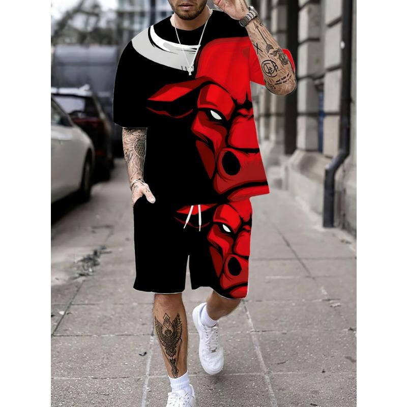 

Летний мужской костюм 2025 года из полиэстера с 3D-принтом, футболка и шорты, повседневный, модный, можно стирать в машине, удобный 5XL