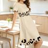 Women Trendy Summer A-Line Dress, Crew Neck Short Sleeve Cut, Partial Leopard Pattern, Cream Flowy Dress For Casual Street Wear