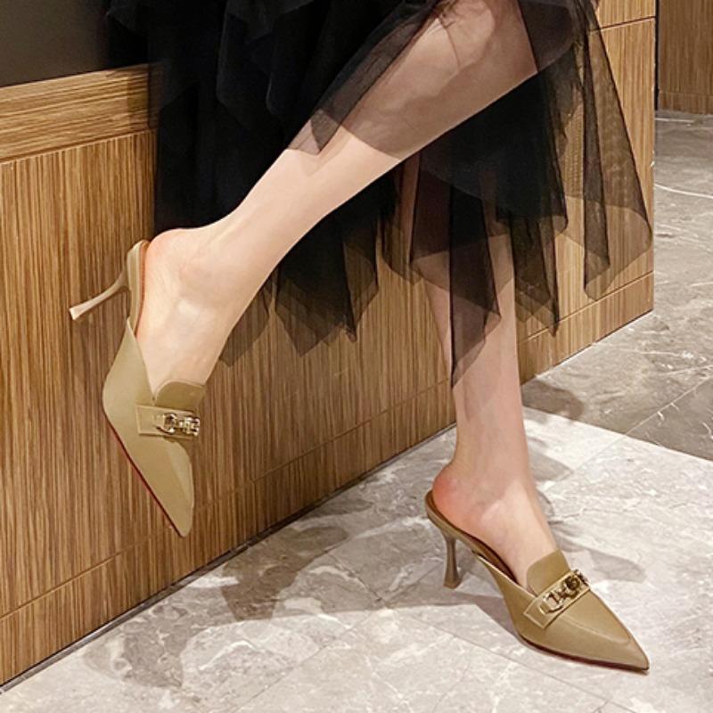 Womens Slippers 2024 New Fashion Leather Baotou Sandals Metal Decoration Summer Versatile Pointed Toe Women's High Heel Slippers