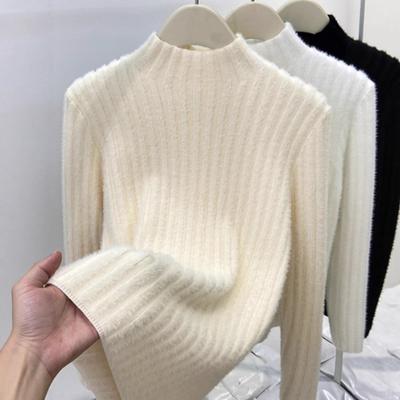 Soft Waxy and Gentle Sweater Women's Autumn and Winter New Mink Fleece Knitted Semi-turtleneck Inner with Spring and Autumn Plush Bottoming Shirt