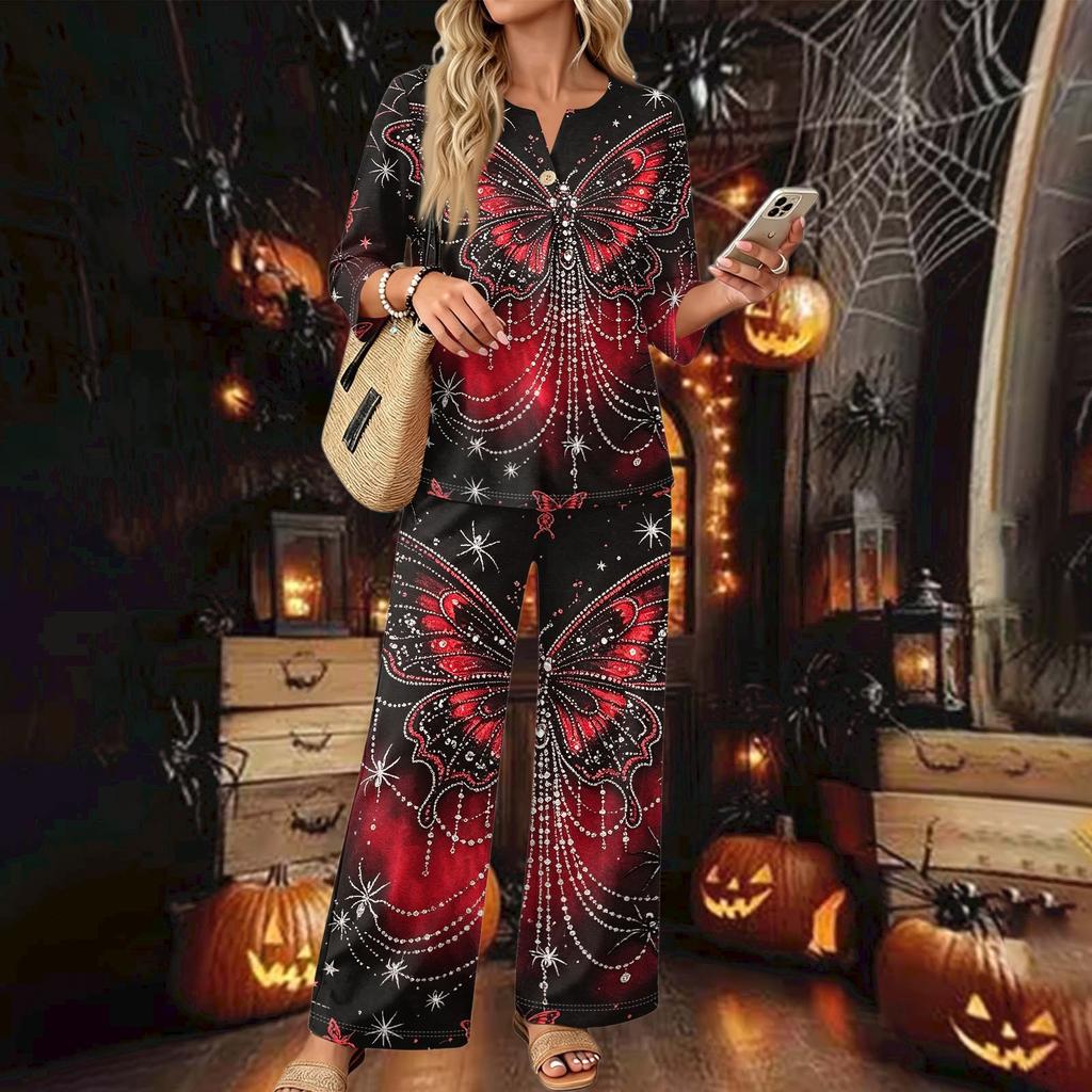 Women's Casual Button Down 3/4 Sleeve Top and Wide Leg Pants Two Piece Set