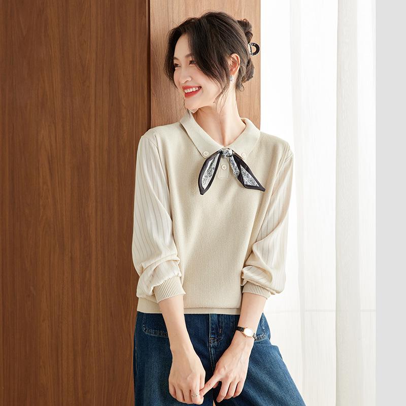 Women's Elegant Autumn Lapel Knitted Sweater, Fake Two-Piece Loose Top
