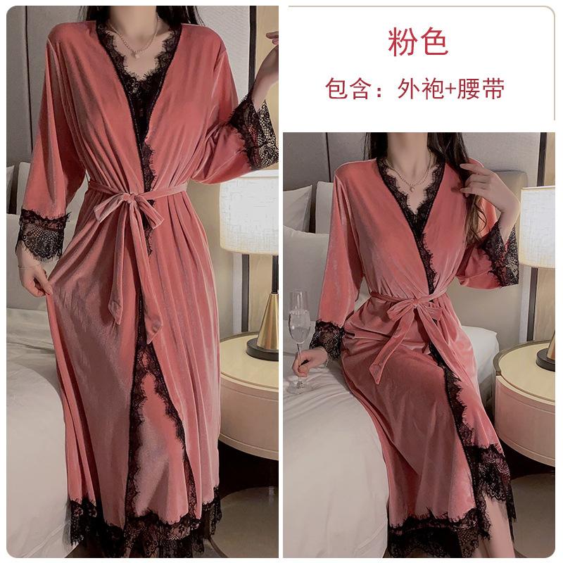 Women's Plus Size Velvet Slit Cami Sleep Dress with Robe for Fall Winter