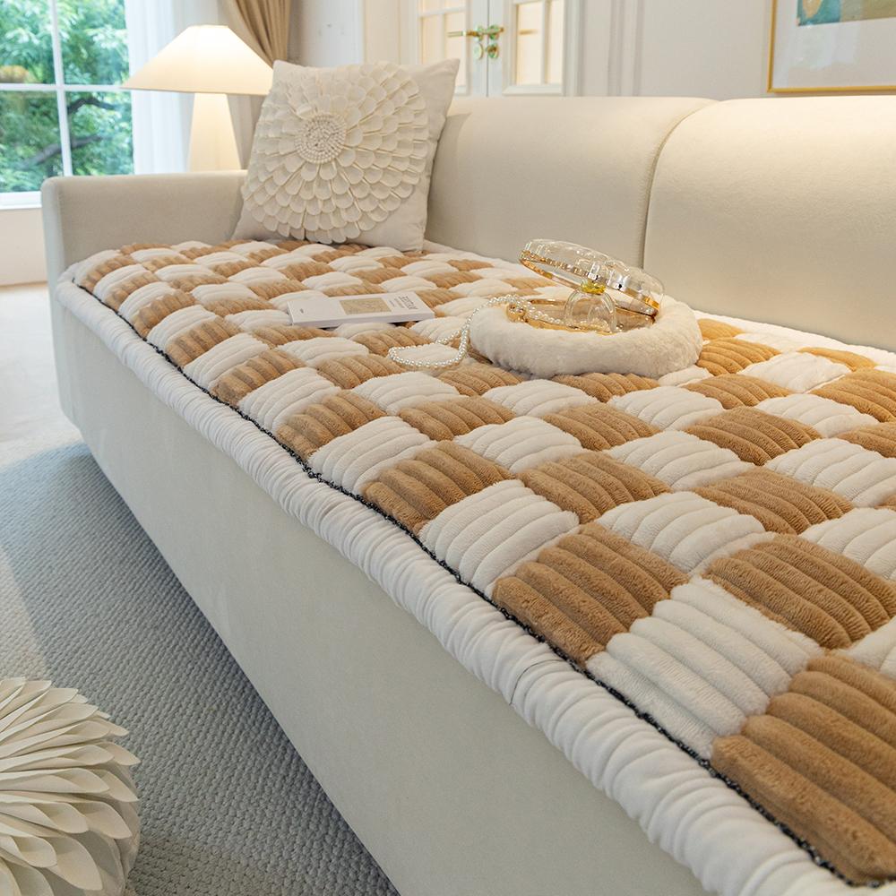1 pc French light luxury plus thick straight checkboard plush non-slip sofa cushion