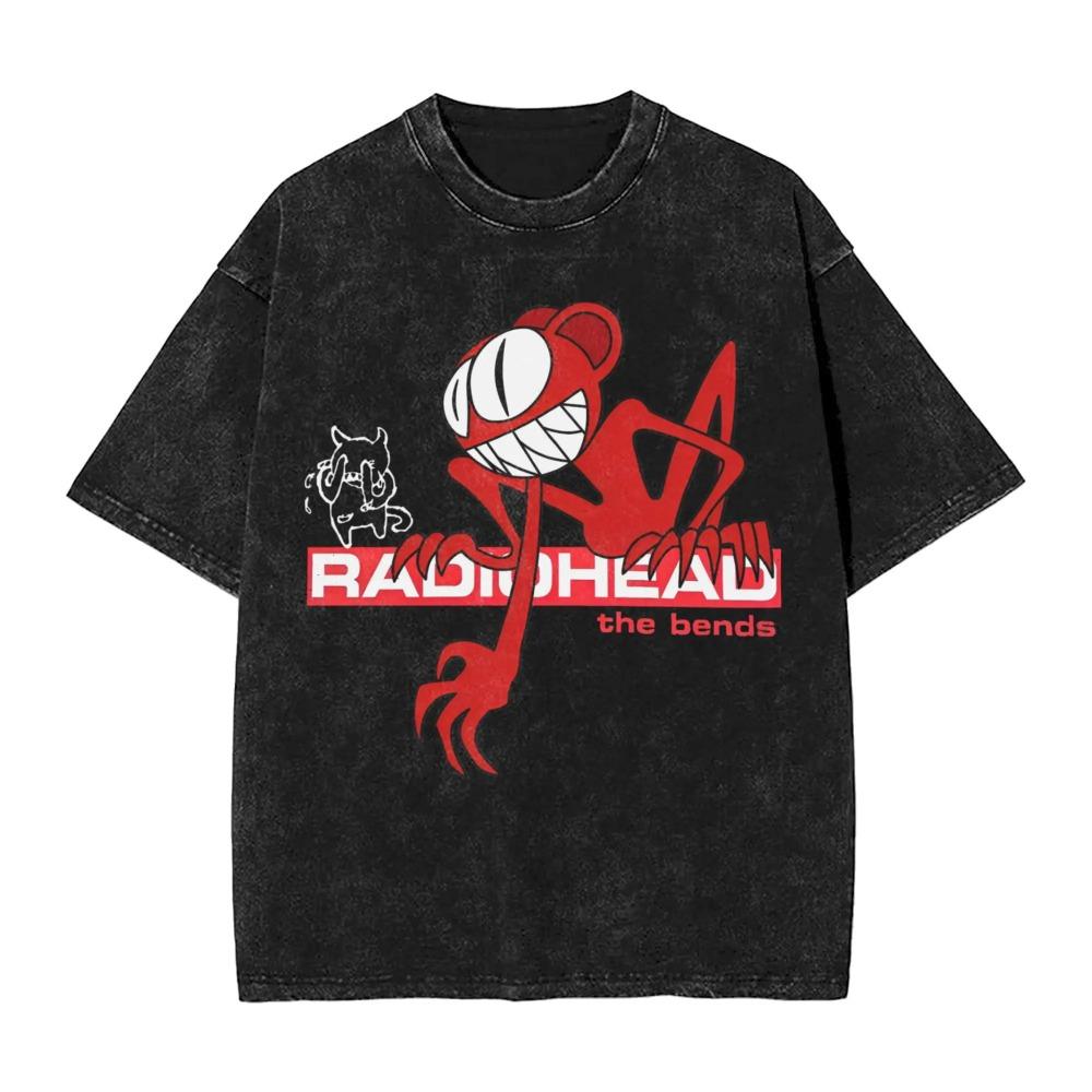 Oversized Acid-Wash Vintage Short-Sleeve T-Shirt Featuring Radiohead Iconic Handshake Graphic Print