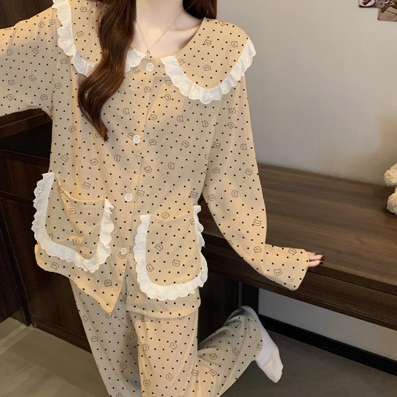 Cute High-Value Polka Dot Doll Collar Pajamas Women'S Cloud Cotton Long-Sleeved Student Loungewear Set