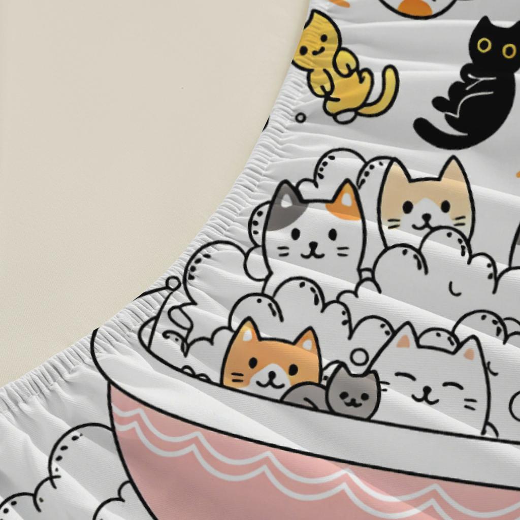 Cute Cats In Bathtub Fitted Sheet Set White Cartoon Cat Pattern With Pillowcases For Bedroom