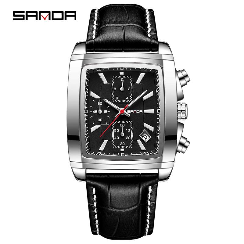 Sanda Trendy Men s Square Quartz Watch with Leather Strap, Waterproof, Calendar, Three-Dial, Six-Needle Design