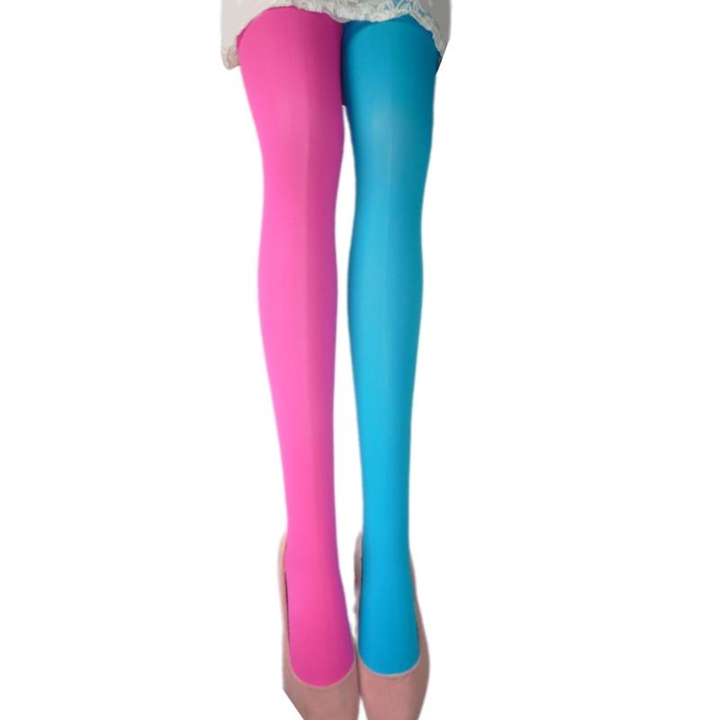 Two Tone Candy Colored Contrast Tights Stockings Open Crotch Designs Asymmetrical Multicolor Pantyhose Hosiery for Women