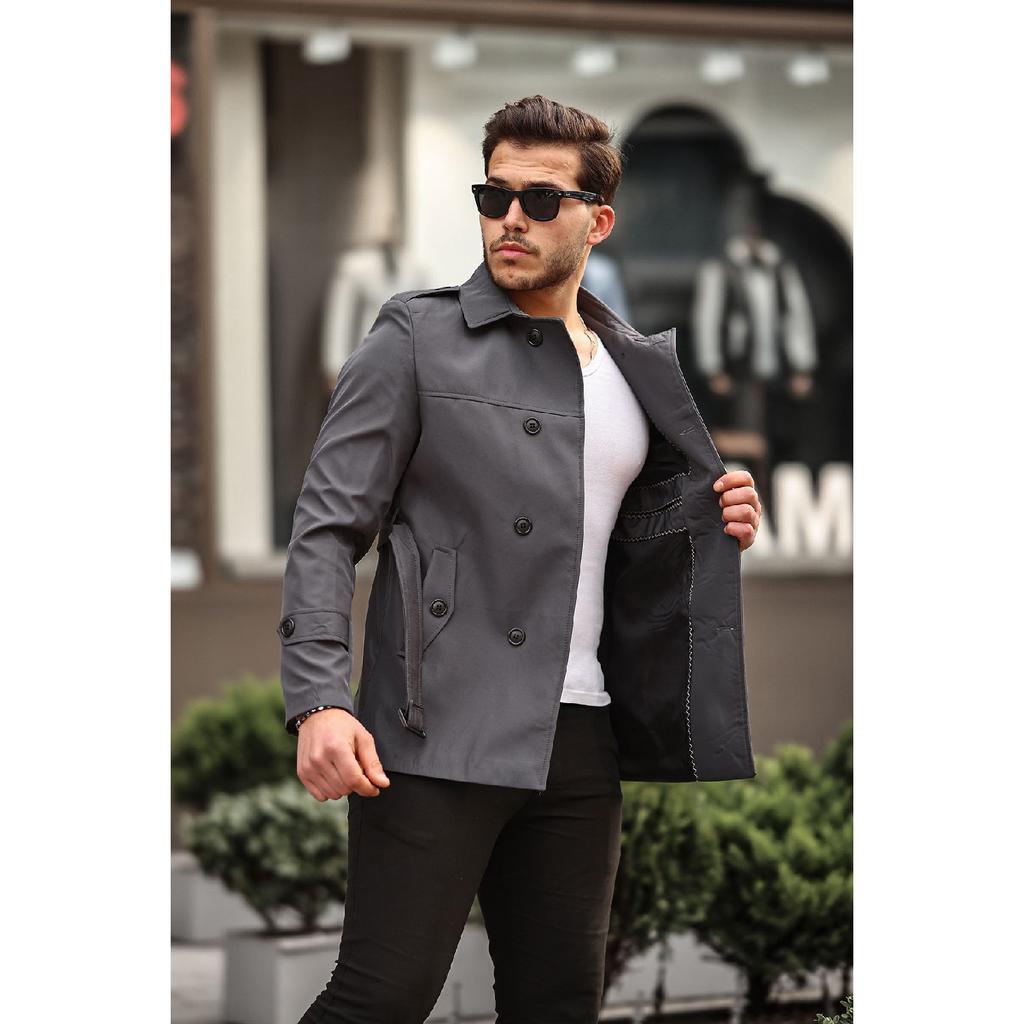 Men's Black Seasonal Lined Belted Double Breasted Trench Coat