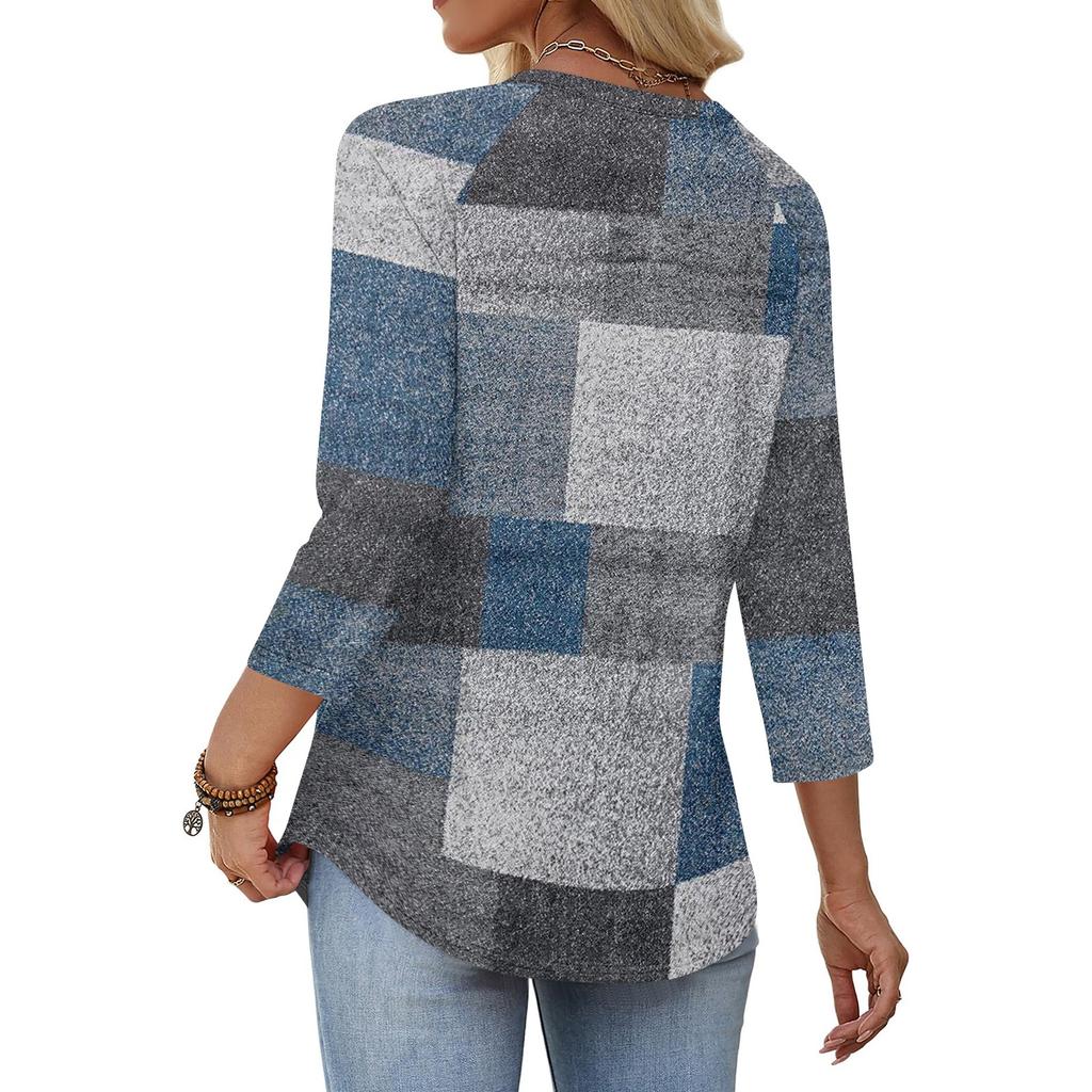 Women 34 Sleeve Crew Neck Button Decor Top Geometric Pattern Casual Loose Fit Blouse for Daily Wear Office Travel