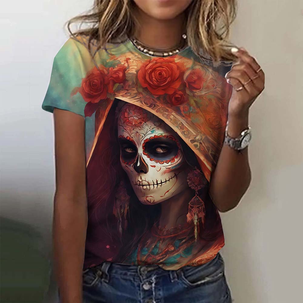 Girls' short sleeve women's T-shirt, casual sexy summer Day of the Dead skeleton pattern loose top.