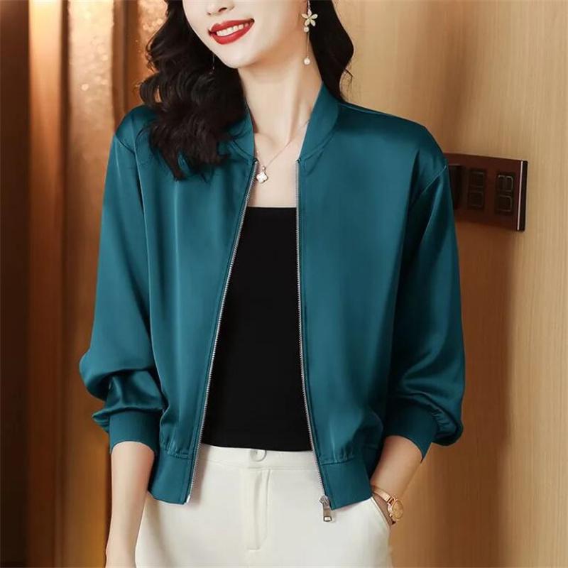Hedvábné krátké bundy Dámské kabáty Volné saténové svrchní oblečení Jednobarevná látka Zip Baseballová bunda Jaro Podzimní oblečení Dámská bunda
