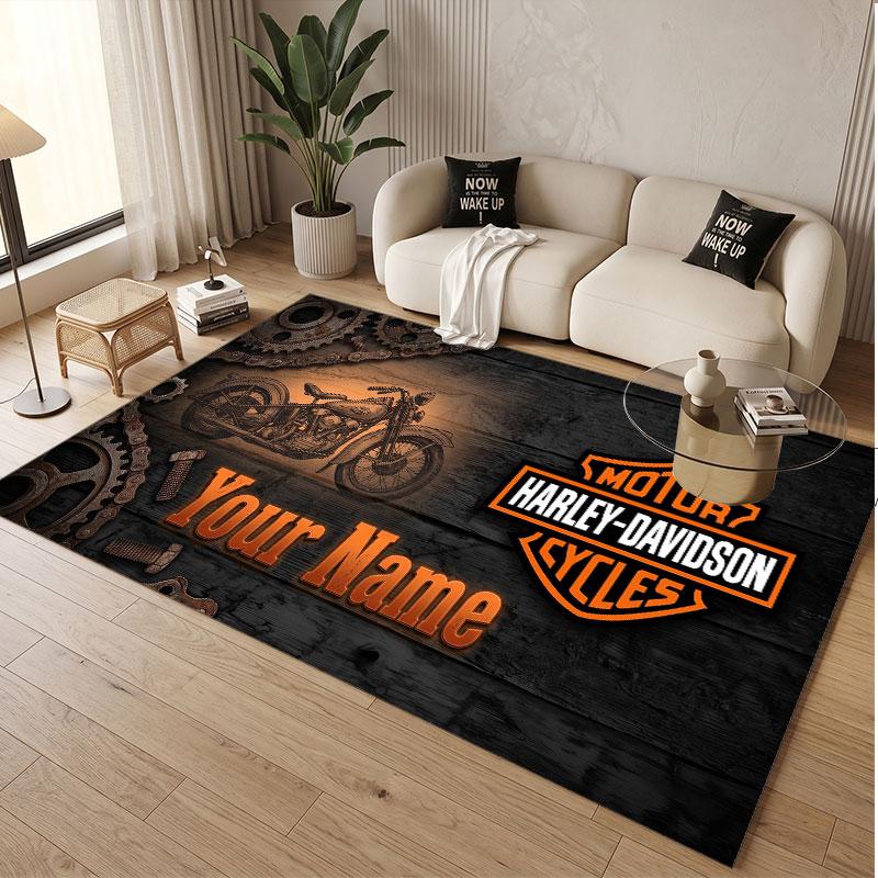 Custom Rug Harley-Davidson Pattern Print Name Text Soft Non‑Slip Floor Carpet for Home Indoor Decoration