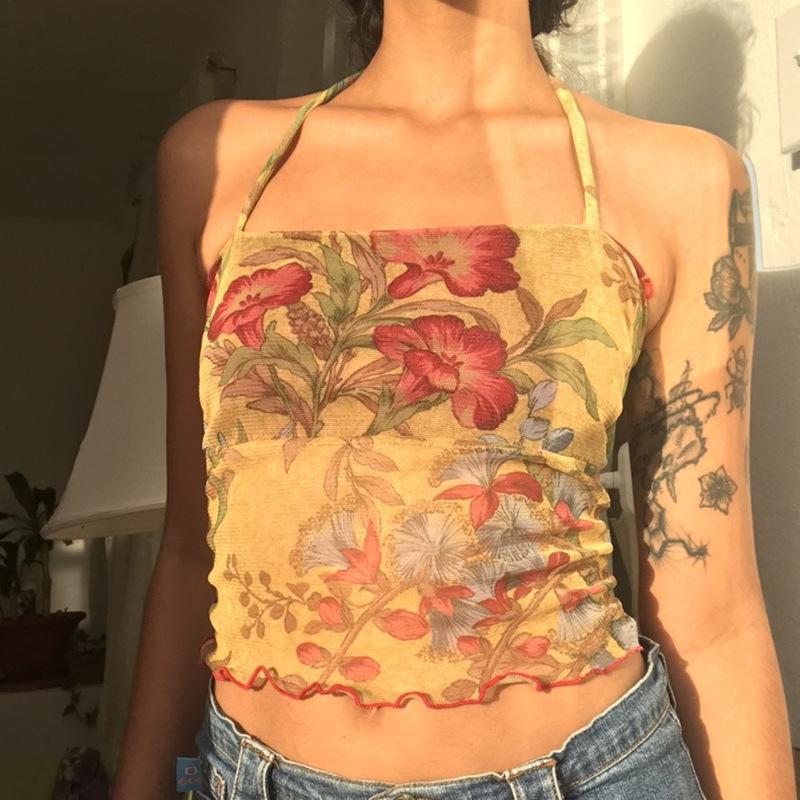 Y2K Mesh, gjennomsiktig blomstert-skjorte, vintage grimeoverdeler, ermeløse, slim fit crop top, Harajuku Streetwear