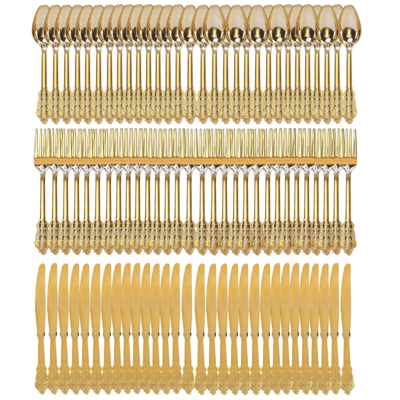

Golden 90pcs Embossed Vintage Plastic Cutlery Set, Dual-Use Knife Fork Spoon Utensils Disposable Cutlery Used for Parties