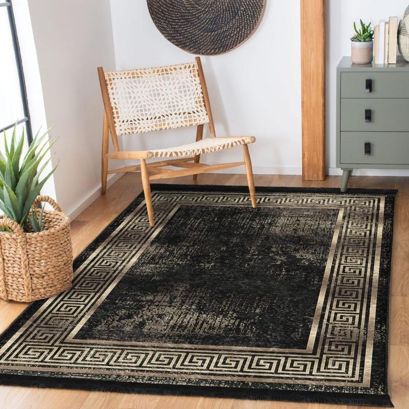 Greek Key Area Rug Luxury Soft Living Room Rug Gold Bordered Non-Slip Carpet Black Gold Bedroom Rug Kitchen Mat Chic Hall Rug